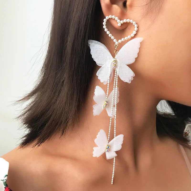 2021 New Arrival Korean Trendy Statement Heart Fabric Butterfly Pearl Drop Earrings for Women Jewelry