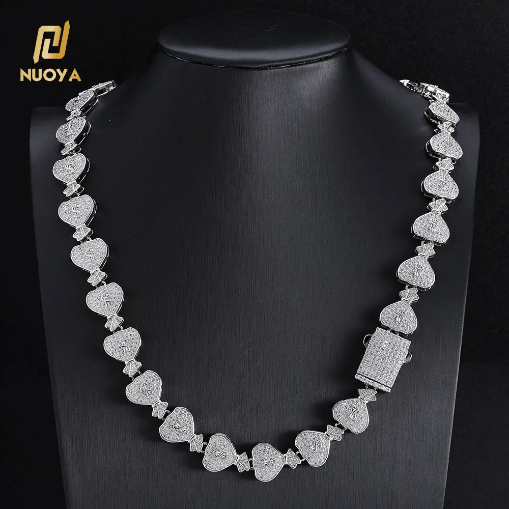 NUOYA Iced Out Jewelry Shiny Diamond Link for Women White Gold Plated Brass Micro Pave Zircon Money Bag Chain Necklace for Gift