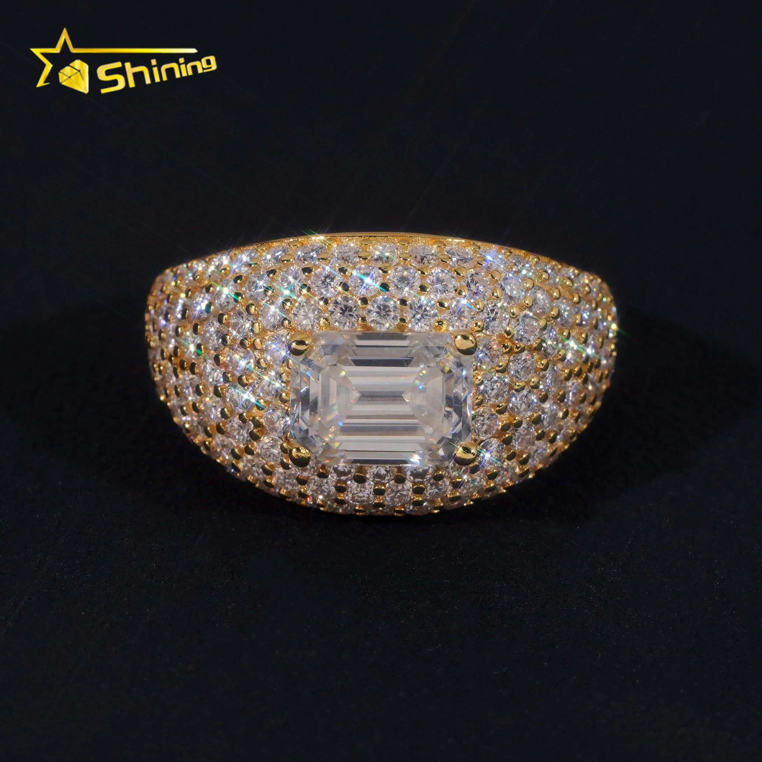 925 Silver Jewelry Hip Hop Custom Made Iced Out Emerald Cut 2ct VVS Moissanite Ring for Men