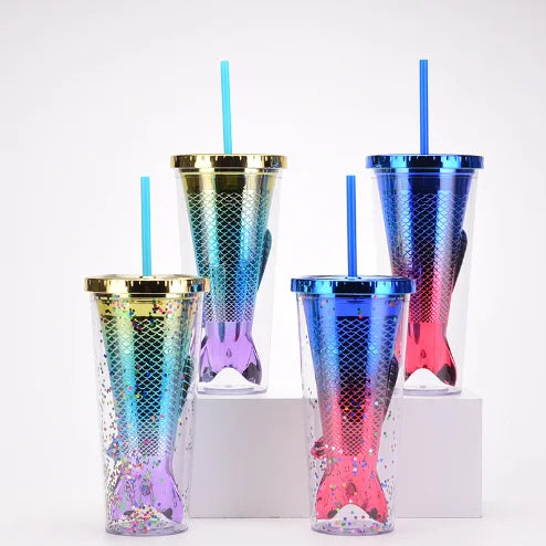 Creative Gradient Mermaid Tail Straw Cup New Double-Layer Plastic Electroplating Color Sequin Glass Drinkware High-Appearance