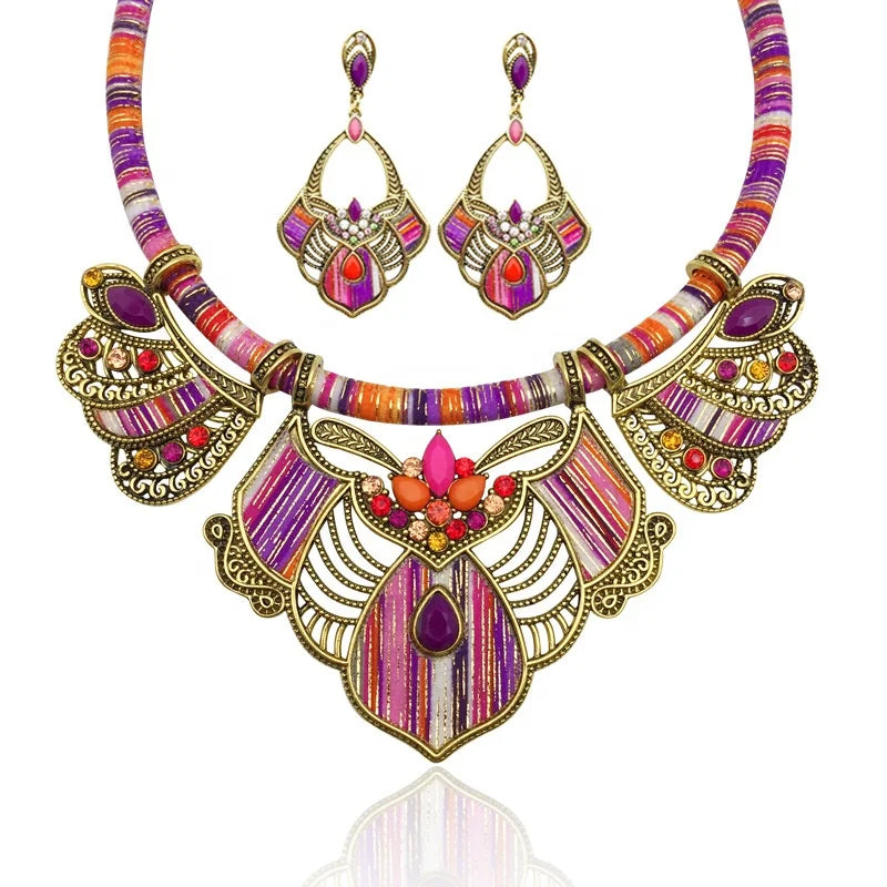 Bohemian Chain Tribal Charm Bib Choker Necklaces Chunky Necklace Earrings Oxidized Indian Jewelry Necklace Sets for Women