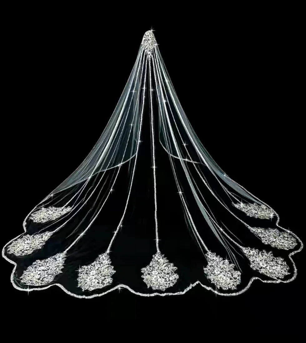 QUEENS GOWN Custom Made Ivory Applique Wedding Dress Accessory Handmade Sequin Wedding Veil Beaded Soft Tulle Lace Bridal Veil