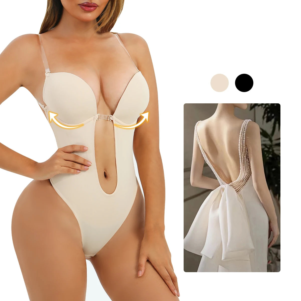 Wholesale Women's U-Plunge Seamless Thong Bodysuit Backless Body Shaper with Tummy Control and Waist Slimming Features