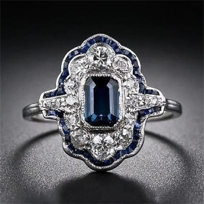 Huitan Hot Selling Silver Plated Luxury Blue Crystal Index Finger Ring Jewelry Vintage Ladies Women Gemstone Engagement Rings