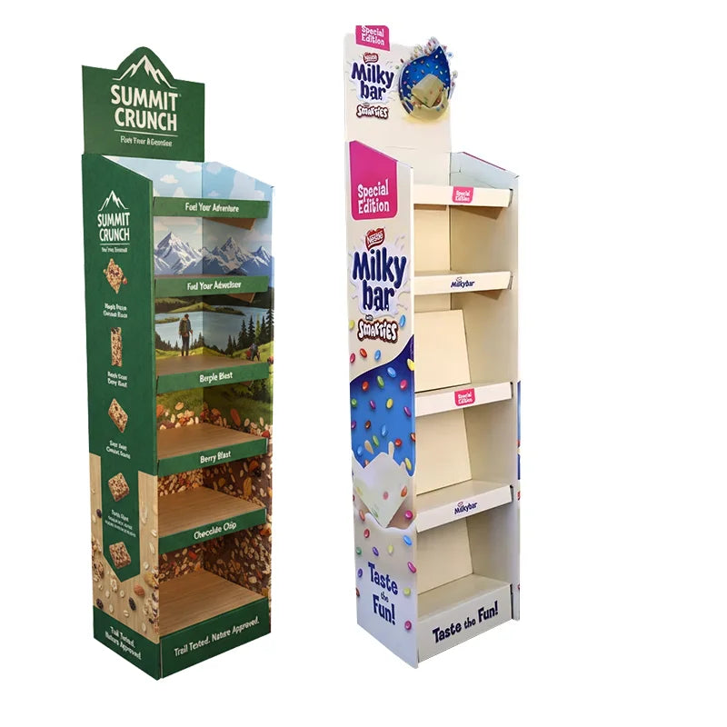 Custom Logo Supermarket Foldable Cardboard POP Snack Display Rack Stand Carton Cardboard POS Food Floor Retail Display Stand