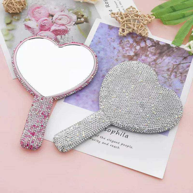 Cosmetic Luxury Shiny Diamond Makeup Mirror Heart Luxury Rhinestone Hand Held Mirror