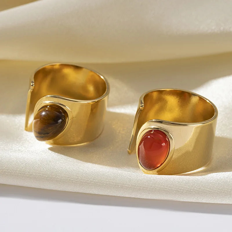 Tarnish Free PVD Gold Plated Natural Stone Opening Size Titanium Rings Stainless Steel Fashion Jewelry