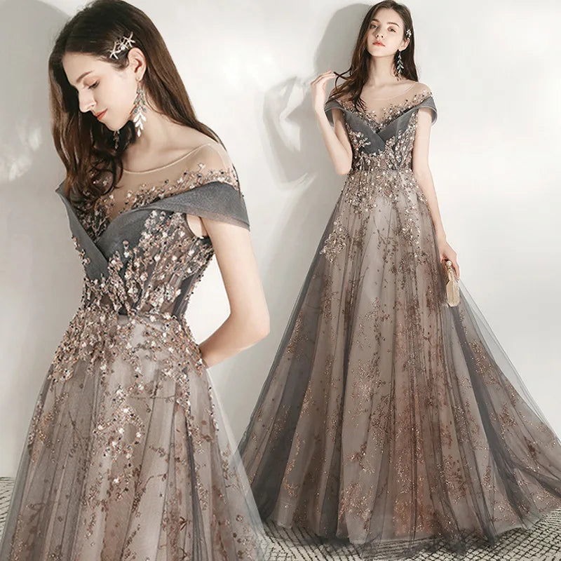 S3442R New Temperament Birthday Sequins Light Luxury Fashion Western Style Explosive Style Host Evening Dress