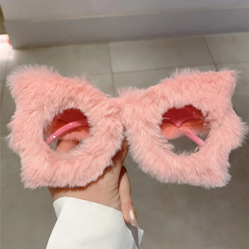 Wholesale Winter Handmade Soft Fur Cute Women Sunglasses Ladies Fashion Multi Color Party Plush Sunglasses