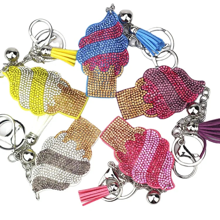 Wholesale New Ice Cream Womens Bag Pendant Fashion Tassel Keyring Korean Velvet Rhinestone Bling Keychain for Women Girls