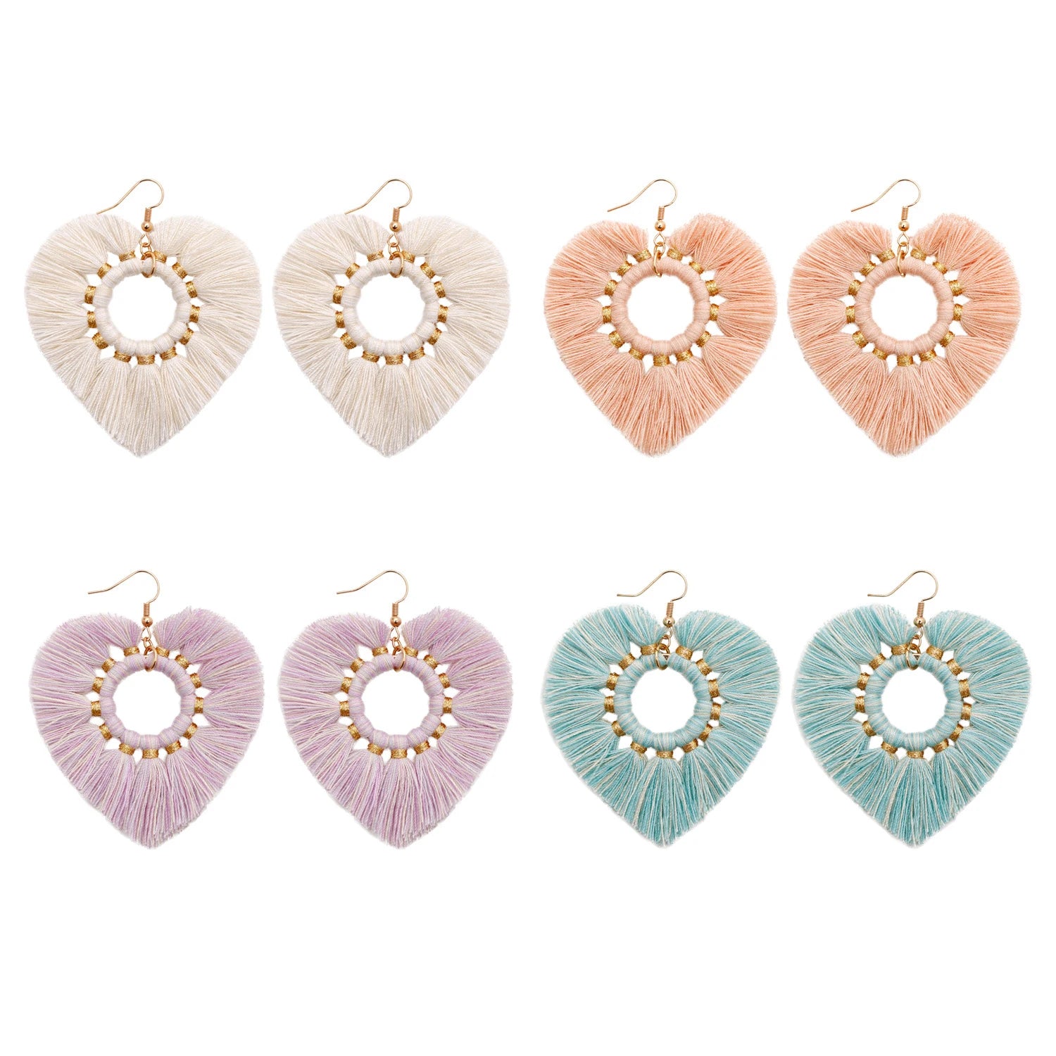 Bohemian Style Oversize Love Heart Tassel Earrings Handmade Cotton Thread Woven Pendant Wedding Gift