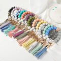 Customized Silicone Bead Bracelet Keychain for Women Handmade Tassel Wooden Beaded Keychain Bracelet