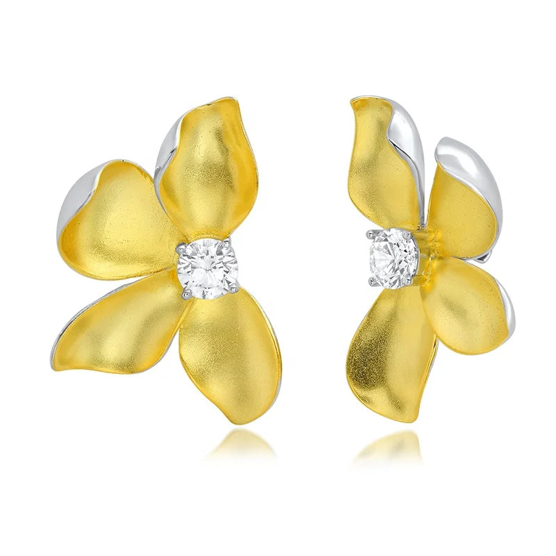 Big Matte Gold Flower Earrings 18k Gold Plated Dubai Women Diamond 5a Zirconia 925 Silver Jewelry Four Leaf Stud Cz Earrings