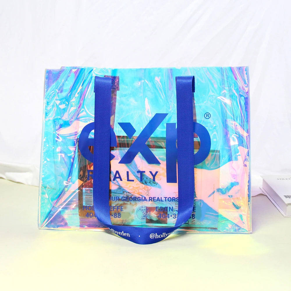 Custom Beach Bag 2024 Wholesale Pvc Shopping Bag Luxury Waterproof Holographic Clear Tote Bags with Logo Women Cosmetic Handbags