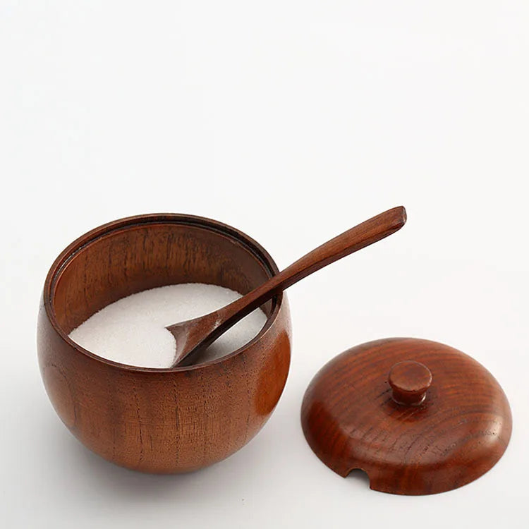 Premium Wooden Herb & Spice Storage Container with Lids Pepper Jar Sugar Bowl Spoons