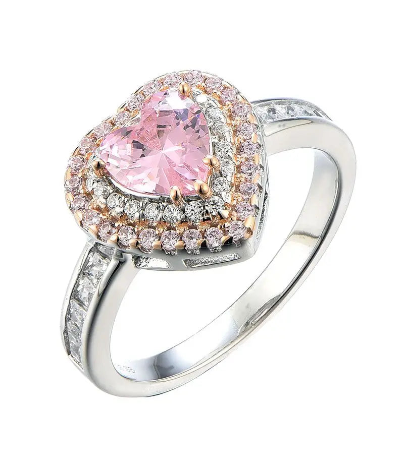 2024 Fashion Women Jewelry Korean Newest Women Jewelry Two Tone Plate Pink RUBY Cz Heart Double Halo Wedding Ring