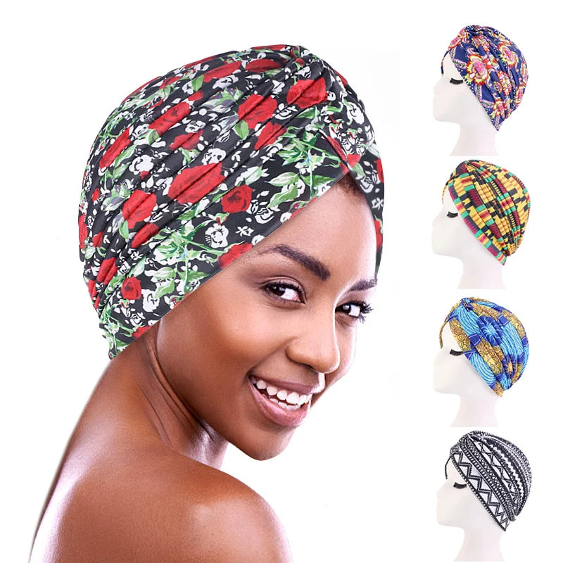 New Fashion Pleated African Pattern Turban Hat for Women Hair Bonnet Sleeping Cap Chemo Cap Headwrap Headwear