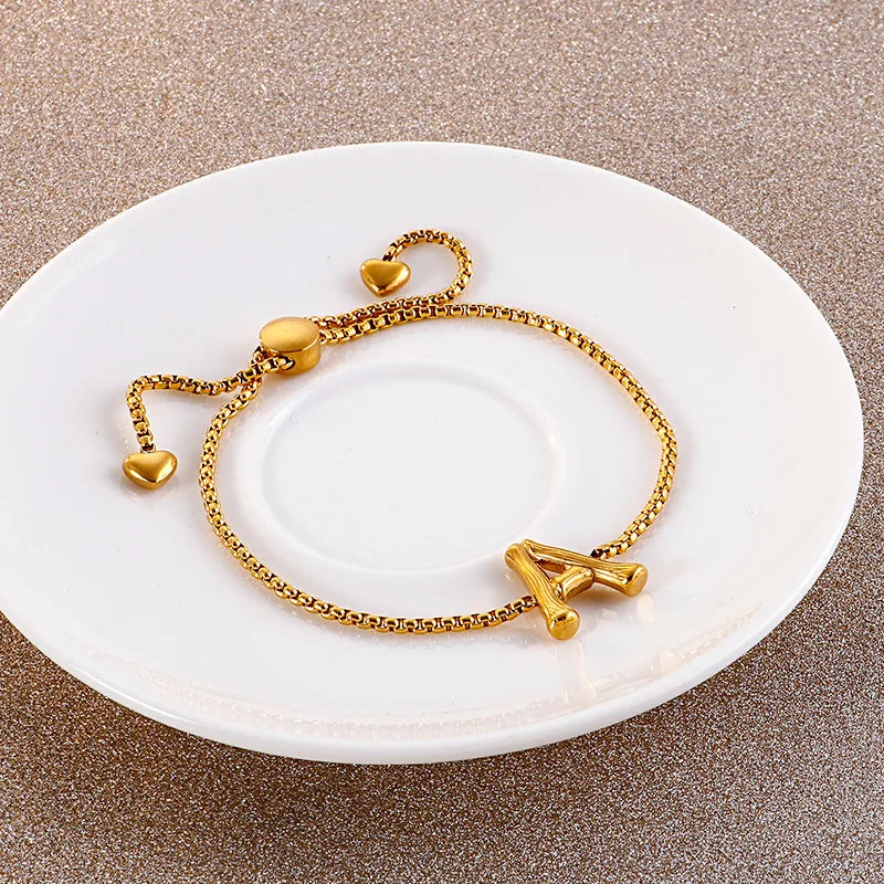 Adjustable 18k Gold Plated 26 Letters Word Stainless Steel Initial Bracelet Wholesale