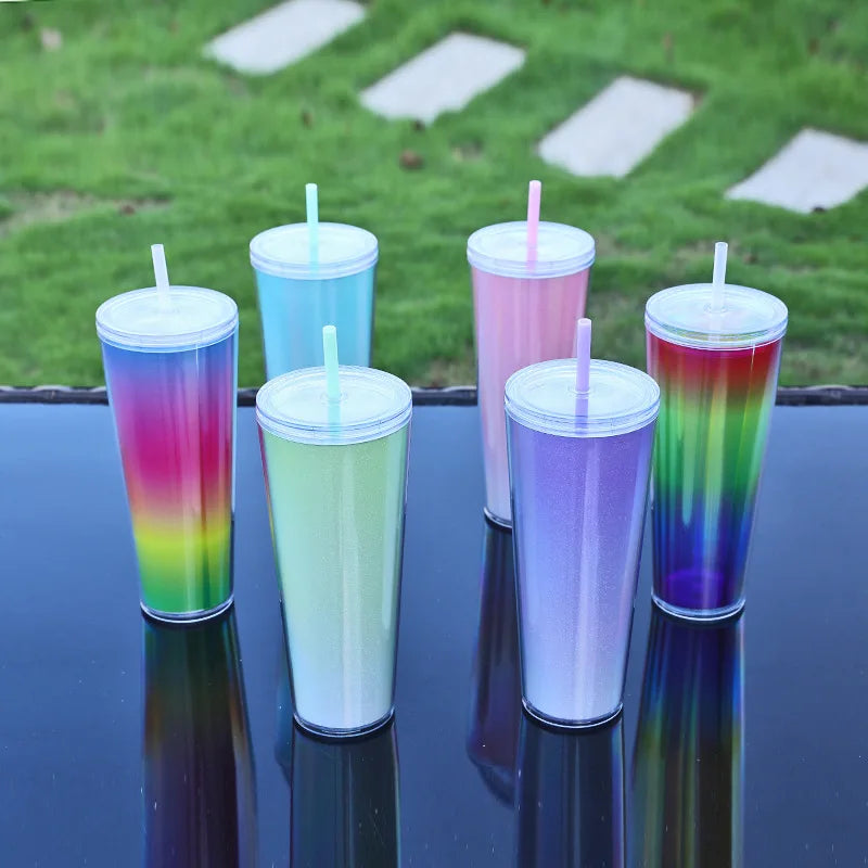 Wholesale Plastic Water Goblets Gradient Tumblers 750ml Double Wall Snow Globe Skinny Coffee Tumbler with Flat Lid and Straw