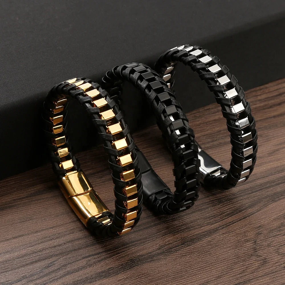 2023 New Arrival Handmade Woven Leather Bracelet Magnetic Clasps Hand Chain Bracelet for Men Gift