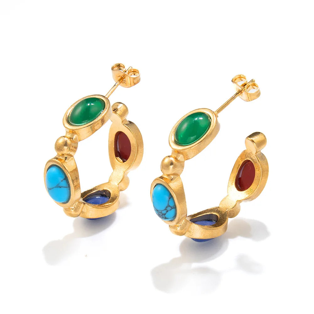 Custom Wholesale Design Luxury Stud Hoop Earrings Women Stainless Steel Natural Stone Earrings