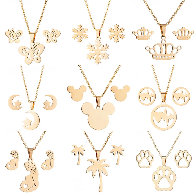 Fashion Non Tarnish 18K Gold Plated Heart Moon Butterfly Pendant Earring Necklace Stainless Steel Jewelry Set for Women