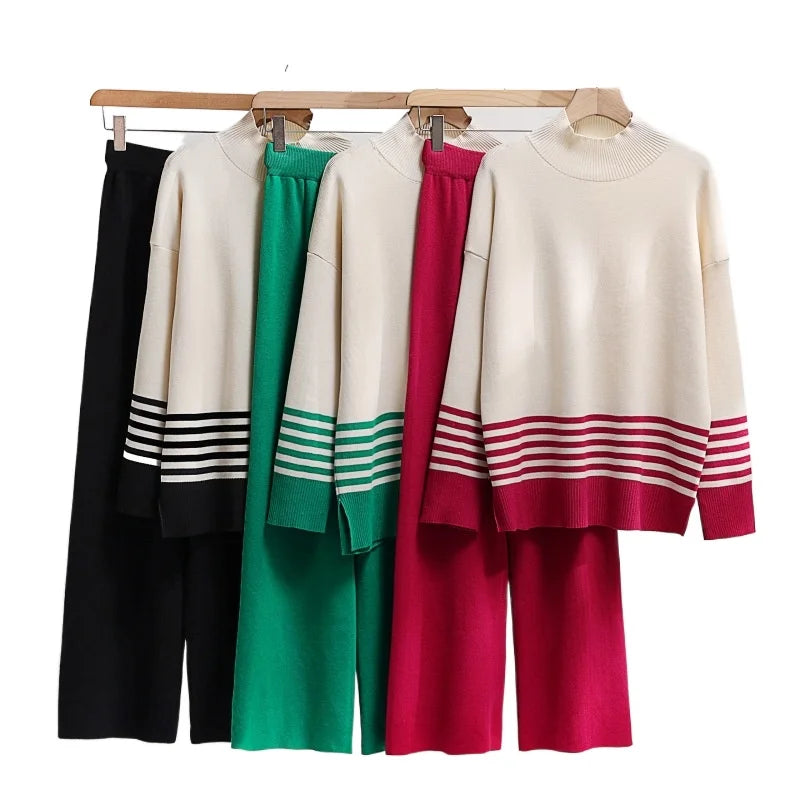 Wholesale 2026 Autumn European and American Leisure Fashion Age Reducing Knitted Top Wide Leg Pants Women's Set