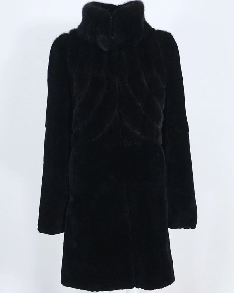 OFTBUY 2023 Winter Long Real Fur Coat Natural Rex Rabbit Mink Solid Black Casual Outerwear Stand Warm Oversize One Piece Coat