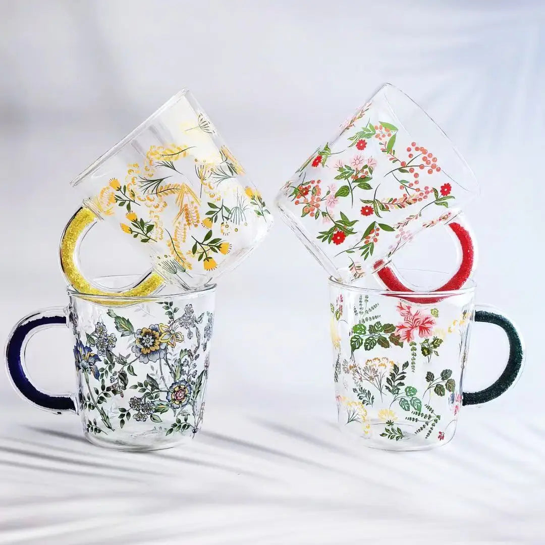 M Elegant Grass Pattern Borosilicate Glass Drinking Mugs Set for Milk Coffee Juice Beer - Stylish Glass Cups for Party