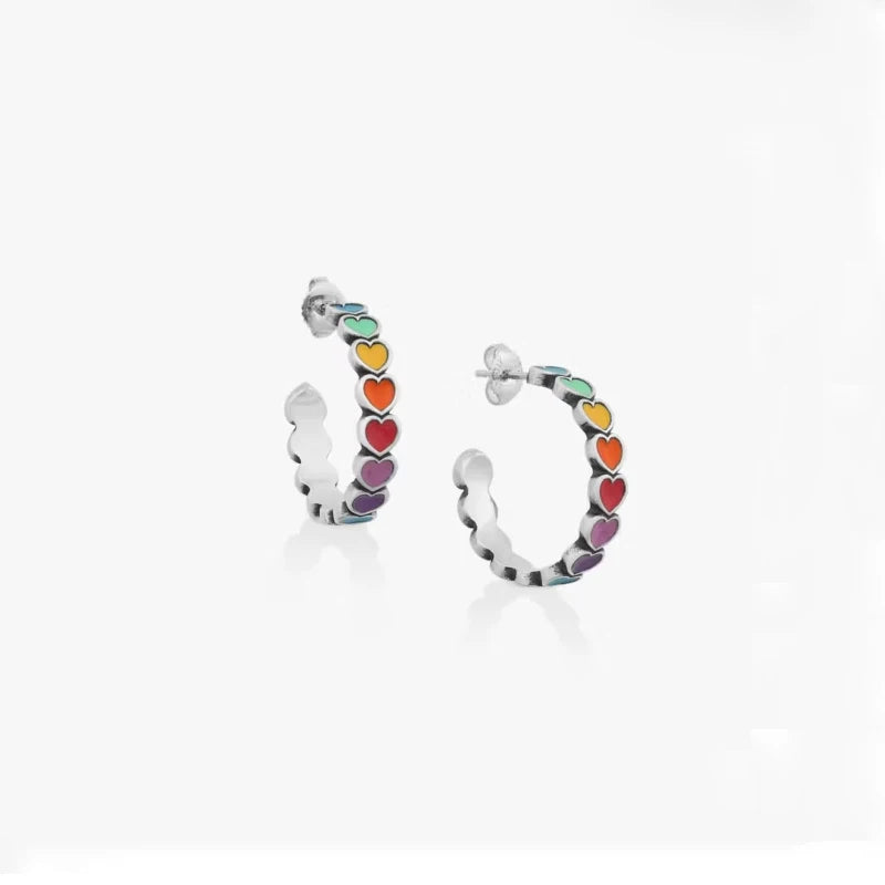 Wholesale 925 Sterling Silver Earring Antique Silver Earrings Enamel Connected Hearts Hoop Earrings for Women