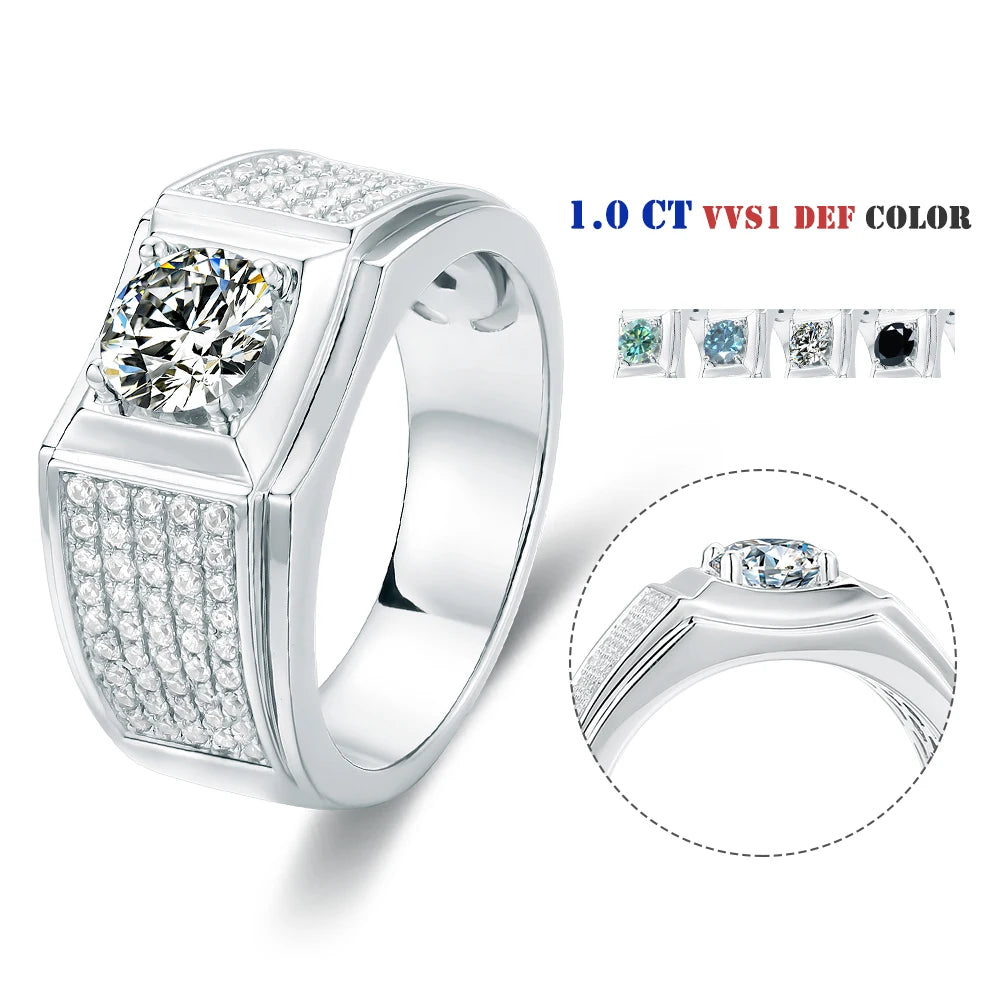 Abiding Classic Engagement 6.5mm Moissanite Diamond 925 Sterling Silver Wedding Silver Ring for Men