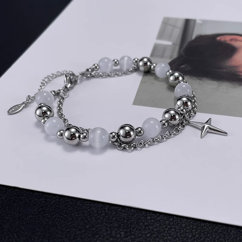 Hot Sale Double Metal Chain Beads Bracelet for Women Man Wholesale High Quality Hip-hop Pearls Bracelet With Cross