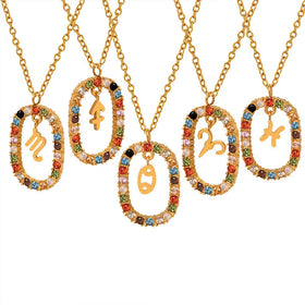 Bohemian Style Oval 12 Zodiac Colored Zircon Pendant Necklace Sparkling Titanium Steel Sweater Chain Christmas Gift Jewelry