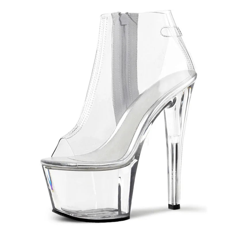 New Fish Mouth Transparent 17 cm Thin Heel Side Zipper Women's High-heeled Bare Boots Striptease Shoes