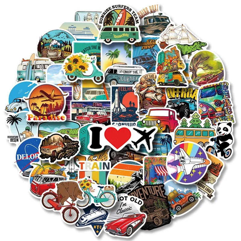 50Pcs Traffic Car Airplane Boat Travel Sticker for Children Girl Diy Decorative Scrapbook Phone Laptop Cartoon Stickers