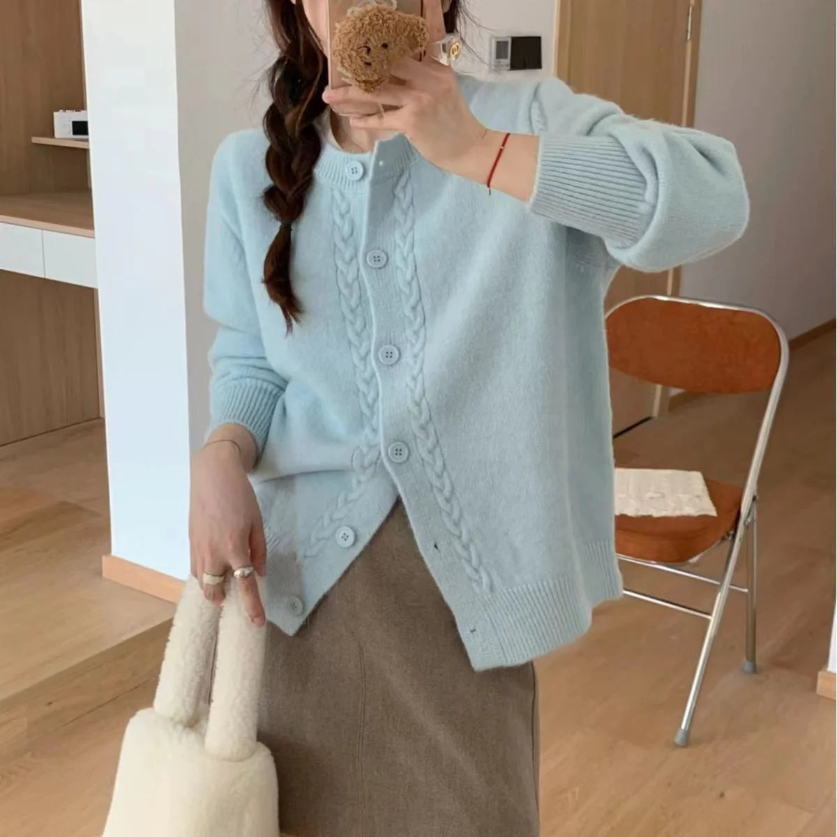 Soft Winter Sweater Coat Women Loose Korean Twist Long-sleeved Cardigan Mohair Chunky Knitted Sweater Cardigan