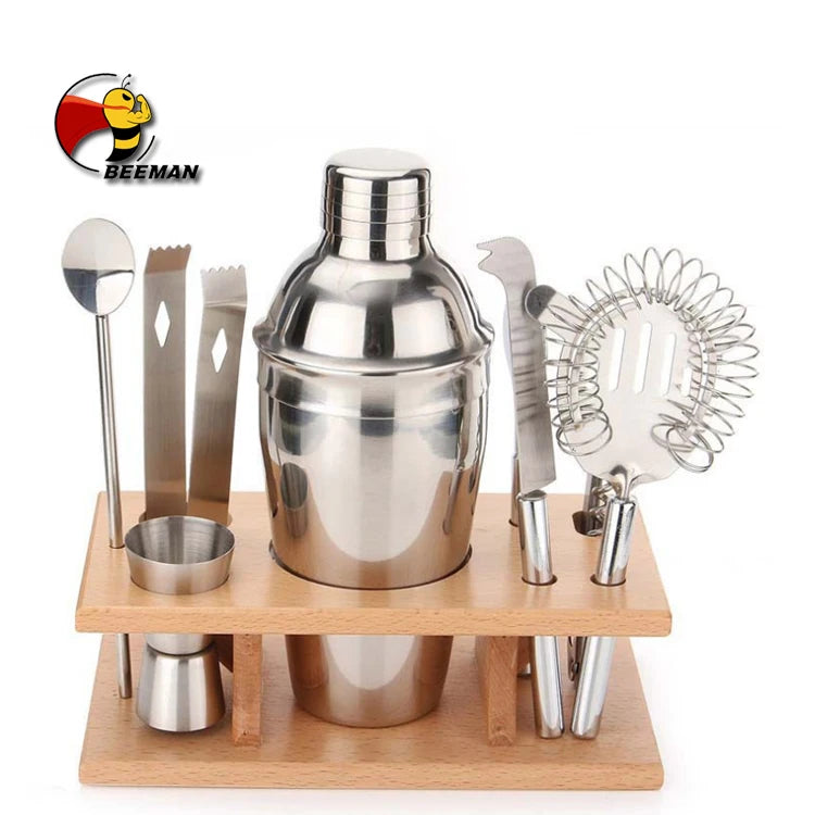 Beeman Cocktail Kit Shaker Mixer Drink Bartender Martini Set With Wooden Holder Barware