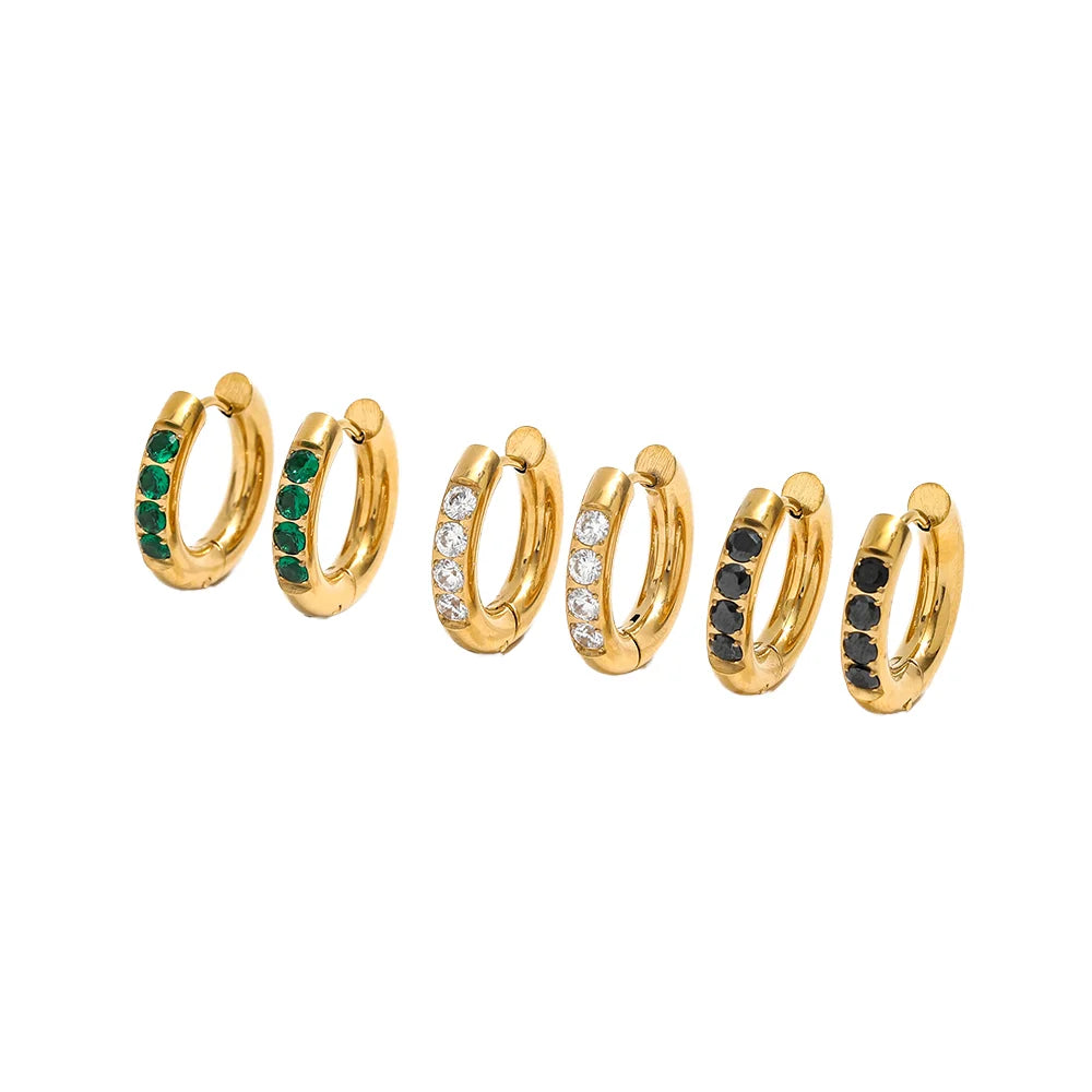 INS Personalized 18K Gold & Stainless Steel Earrings Concise Style 10/12mm Wide Titanium PVD Hoop Fashionable Zircon Circle