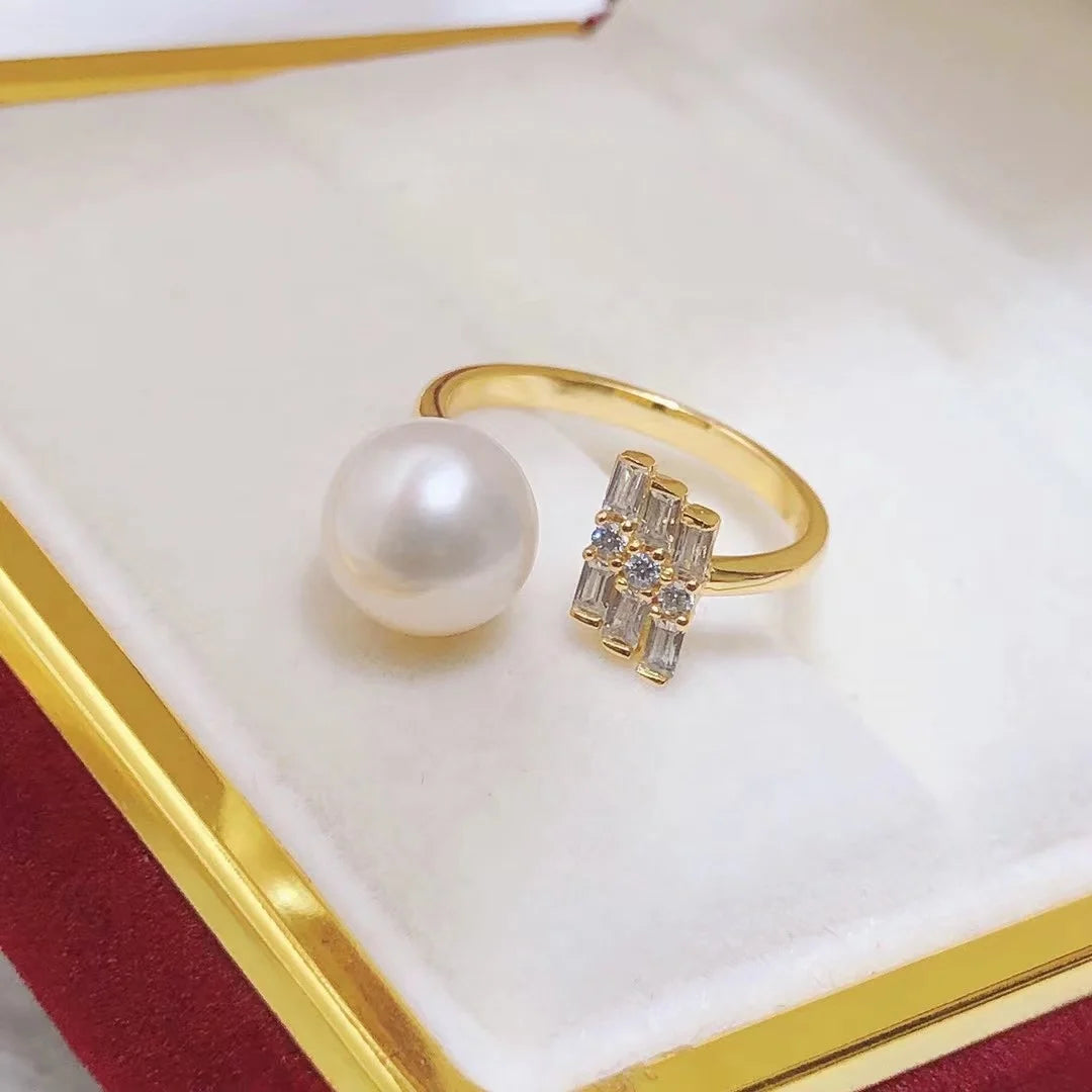 R755 8-9mm Natural Freshwater Pearl Ring Accessory 925 Sterling Silver Adjustable Size Engagement Jewelry Ring for Women
