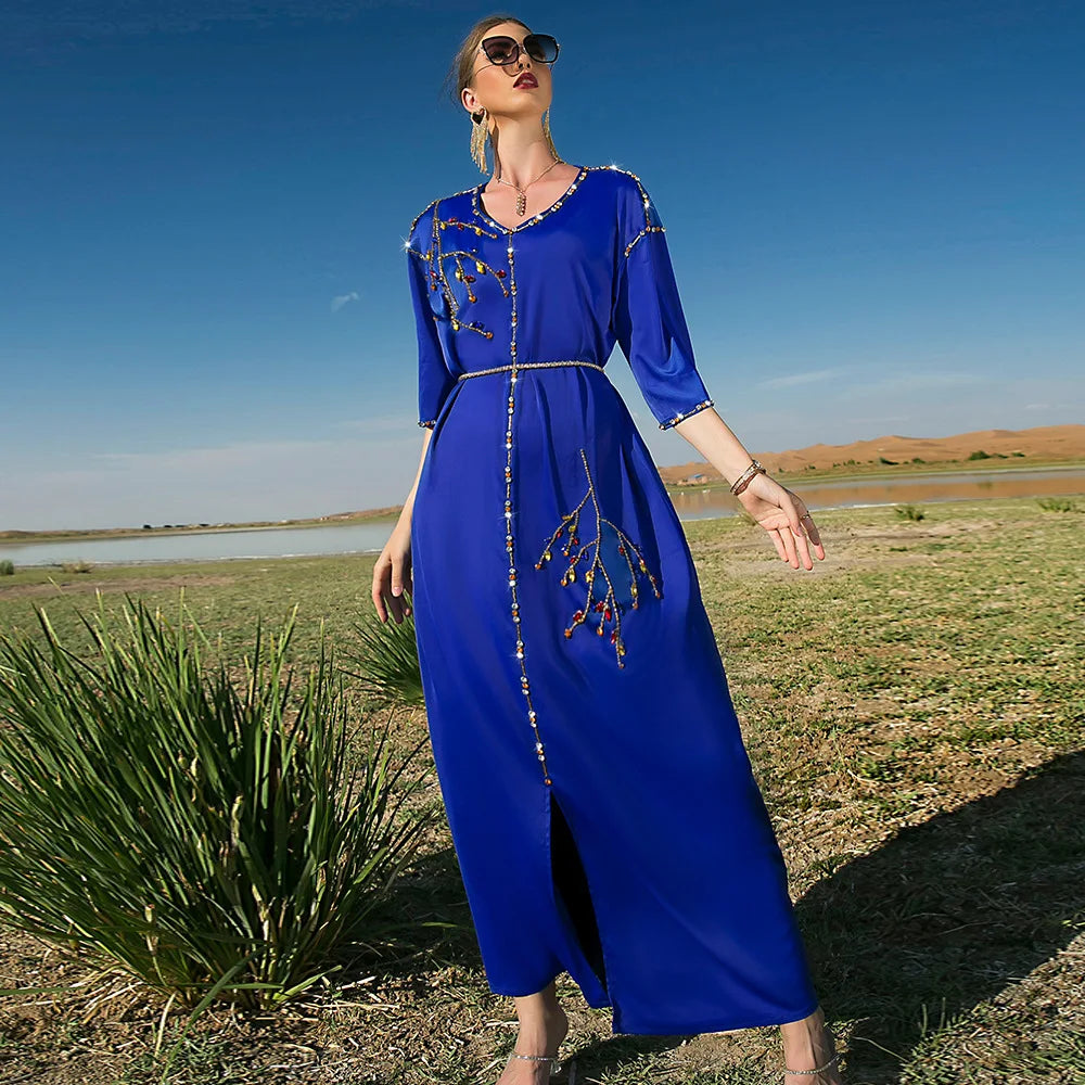 Royal Blue Long Sleeve Elegant Long Dress 2022 New Fashion Ramadan Dresses Muslim Dubai Abaya Satin Kaftan Eid Mubarak