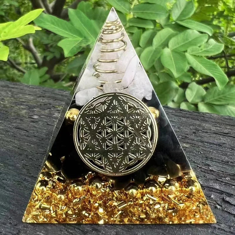 Hot Selling Natural Orgonite Healing Raw Crystal Clear Quartz Black Obsidian Pyramid Ornament Energy Jewelry