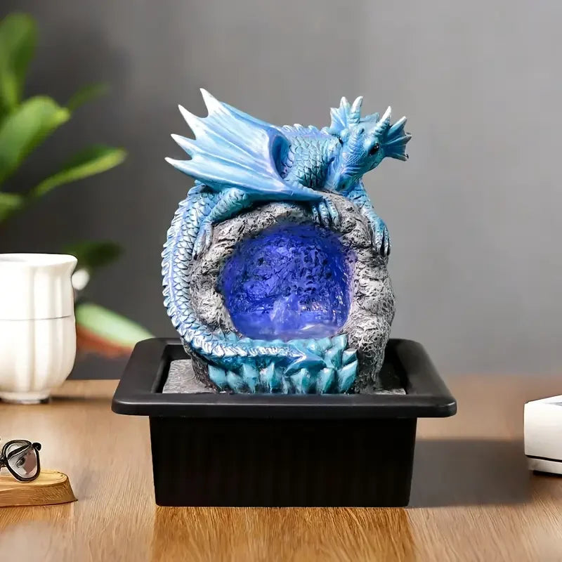 Hot Sale Enchanting Blue Dragon Resin Fountain Glowing Crystal Ball Hand-Painted Glaze Stone Base Office Decor Zen Atmosphere