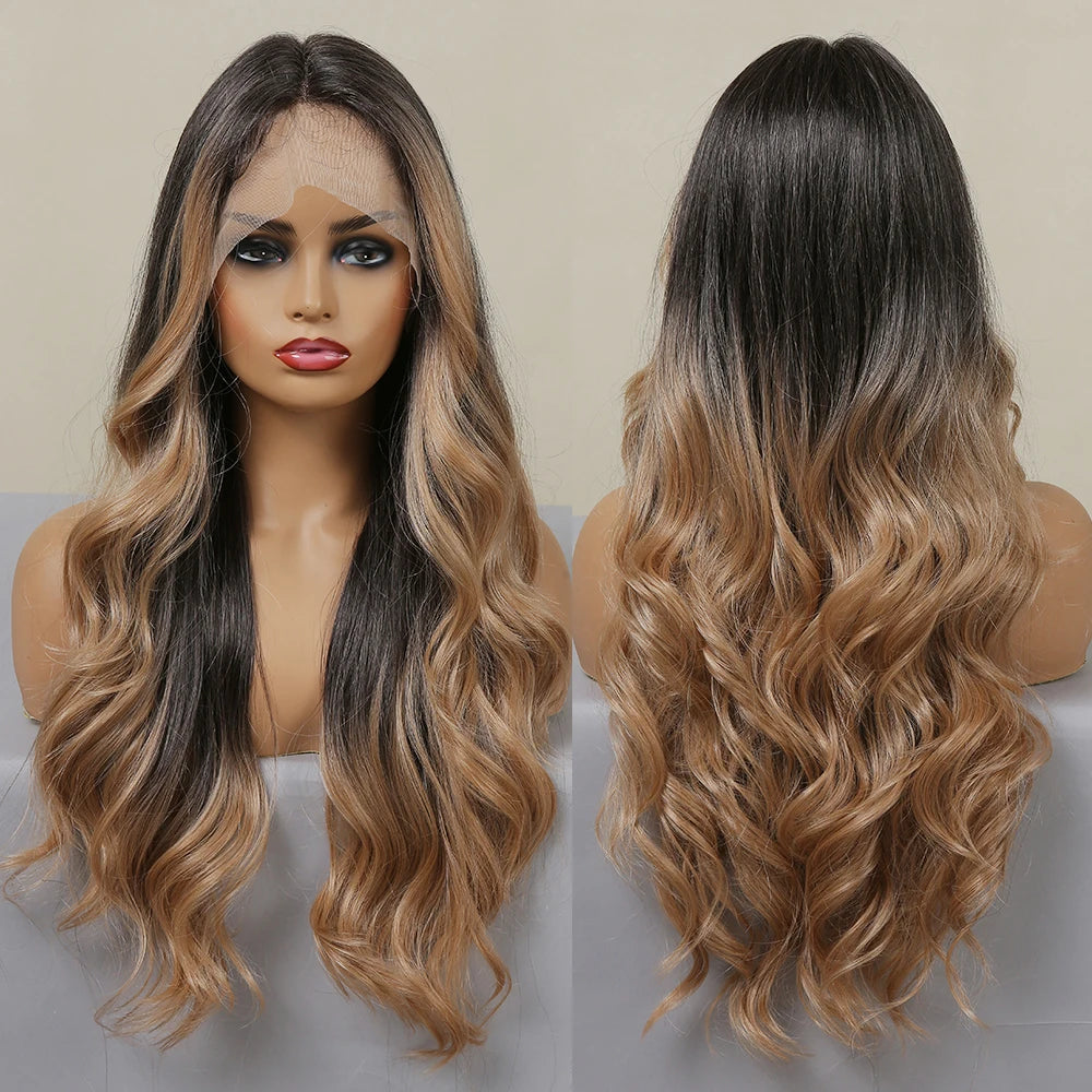 Fast Delivery Black Brown Blonde Synthetic Lace Wigs Long Wavy Lace Front Wigs for Women Body Wavy Ombre Lace Frontal Wig
