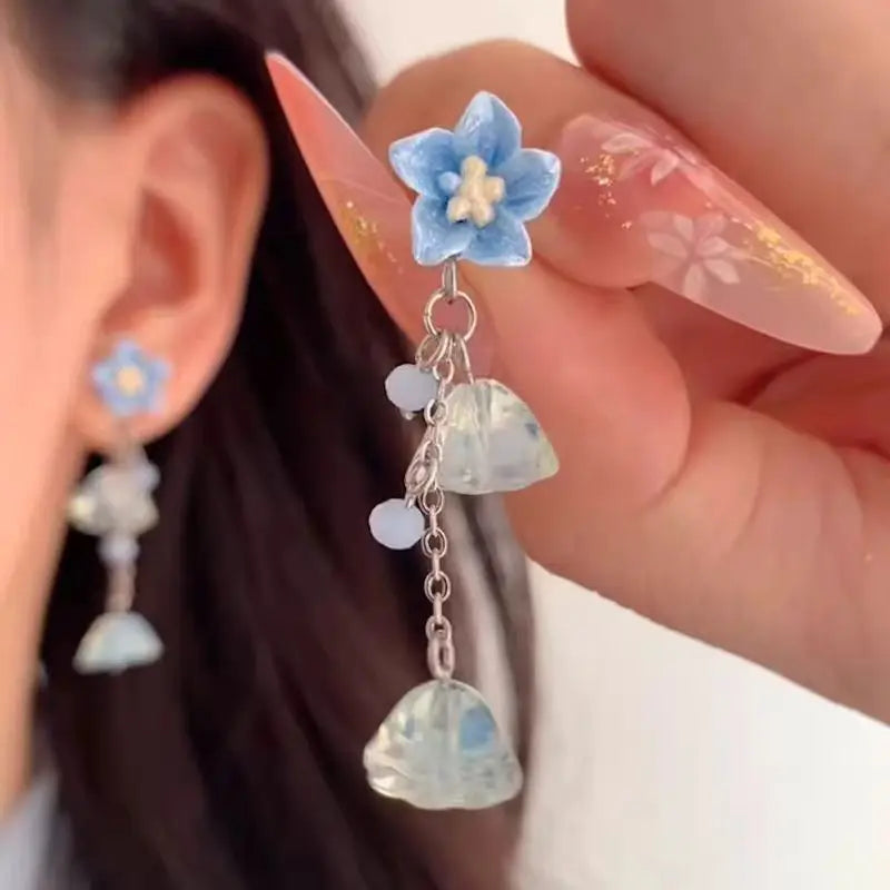 New Hot Selling Blue Flower Tassel Earrings for Women with a Niche Design Sweet and Versatile Earrings Wholesale