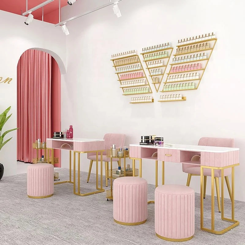 Marble Nail Stations Beauty Saloon Furniture Equipment Newest Mesa Para Manicura Pink Nail Table Salon Furniture Metal 1.2 M Cm