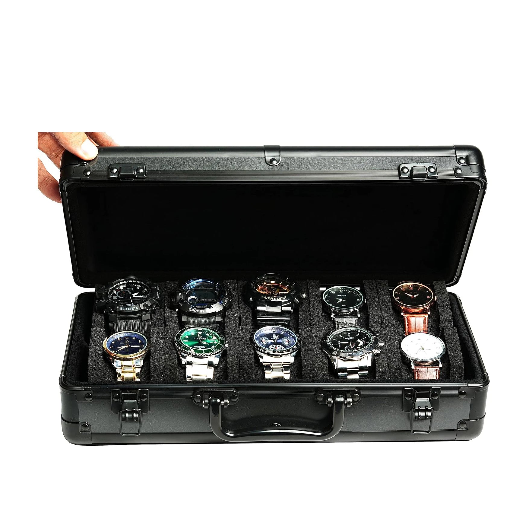 10 Slots Aluminum Watch case Hard Deluxe Watch Storage Organizer Box with Soft Foam Padding