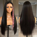 X-TRESS Middle Part Lace Front Wigs Pink Print Long Layered Straight Wig for Women Pink Color Forehead Synthetic Glueless Wig