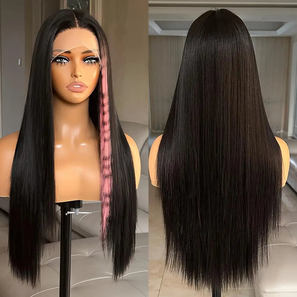 X-TRESS Middle Part Lace Front Wigs Pink Print Long Layered Straight Wig for Women Pink Color Forehead Synthetic Glueless Wig