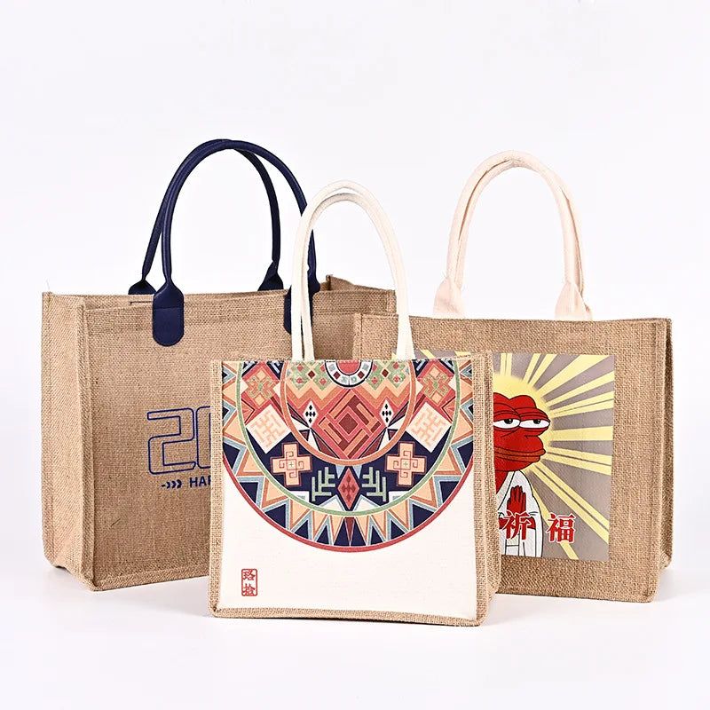 2023 New Arrival Eco-Friendly Jute Linen Women's Canvas Shopping Tote Bag Custom Logo Printed Designer Reusable Tote Fashionable