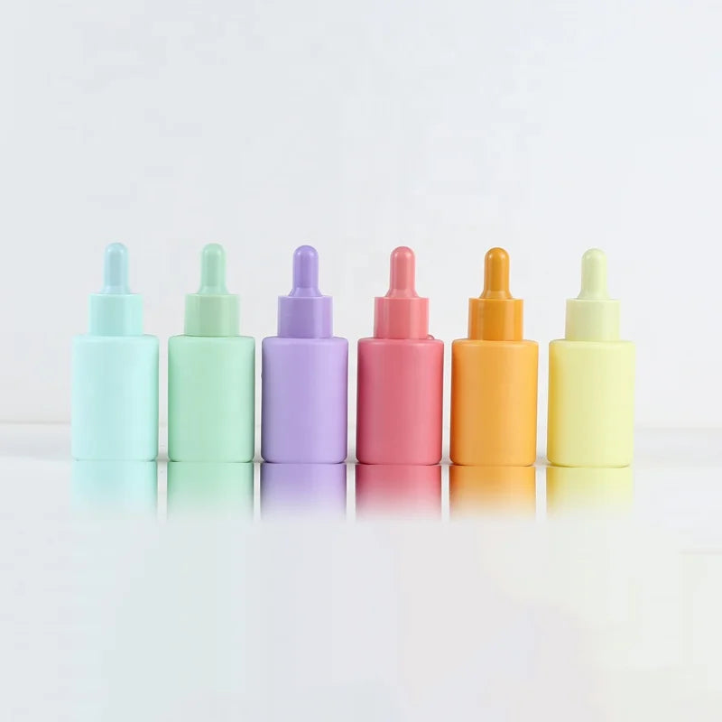 Wholesale 30ml Serum Cosmetic Packaging Flat Shoulder Pink Red Empty Y2K Fancy Essential Oil Cream Color Glass Dropper Bottle